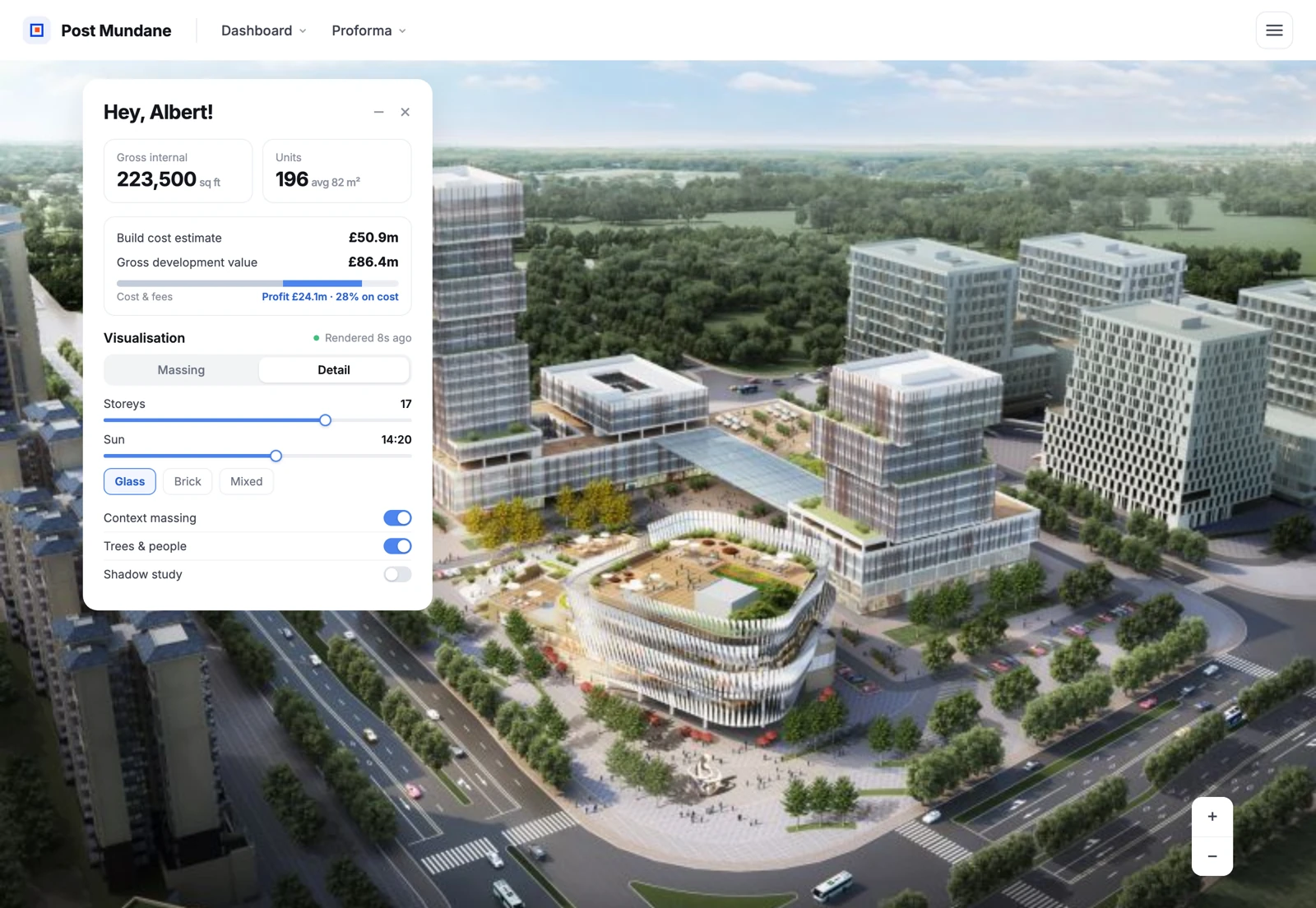 The same dashboard over a full visualisation of the scheme: towers, a public square and street trees rendered in daylight, with the visualisation controls and the scheme’s cost and value beside it.