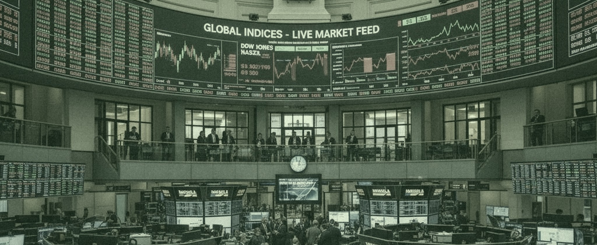 A trading floor under a glass dome, wall screens of market charts, toned soft green with grain, three white chart lines rising across it